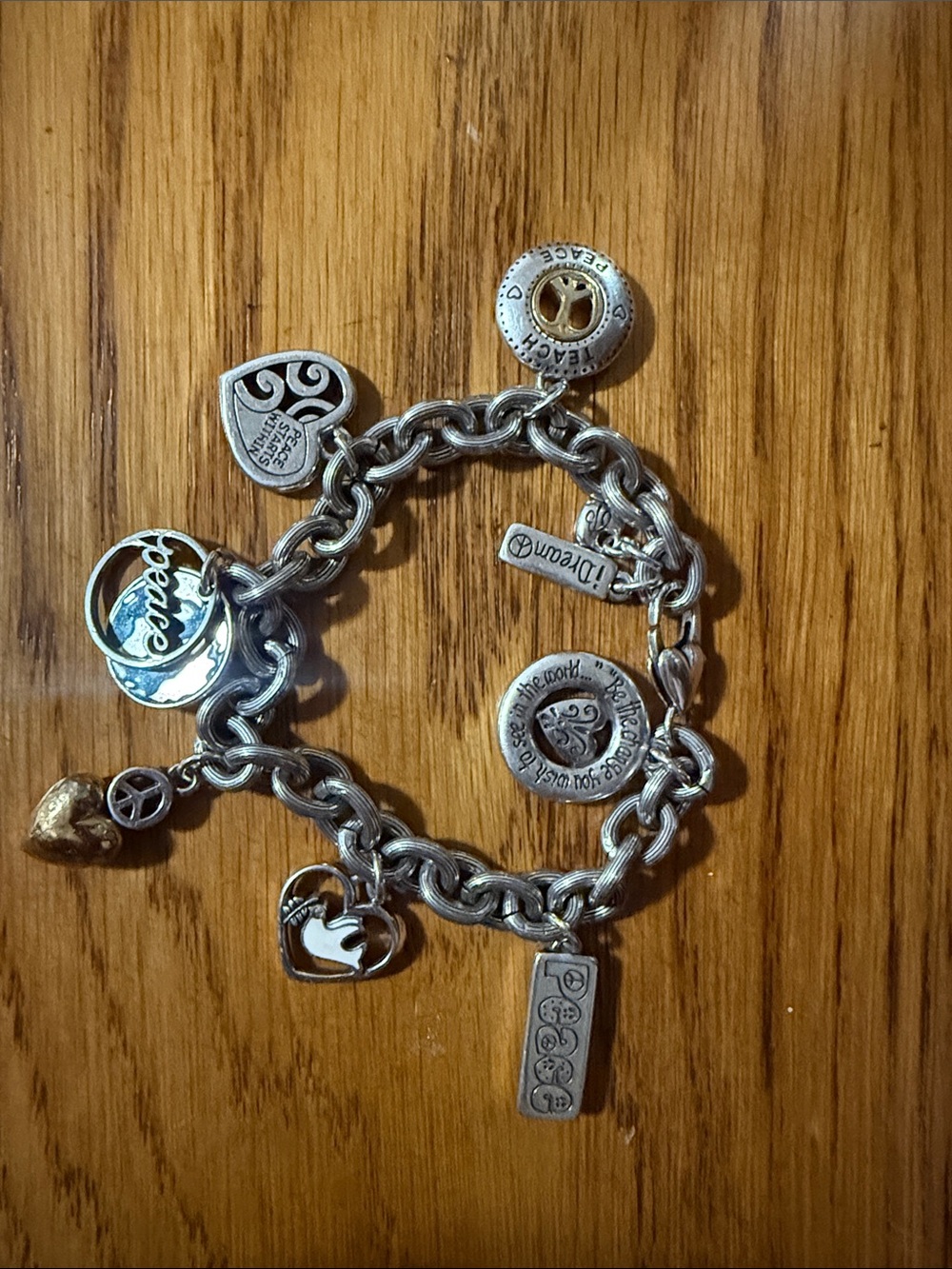 Brighton Silver-Tone Charm Bracelet with Mixed Heart, Peace & Logo Charms